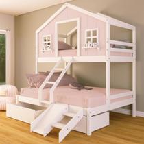 Beliche Casal/ Solteiro Casinha dos Sonhos com Escada/ Escorregador e 02 Gavetas Madeira Maciça Rosa/ Branco Housin Beliche Casal/ Solteiro Casinha dos Sonhos com Escada/ Escorregador e 02 Gavetas Madeira Maciça Rosa/ Branco Housin