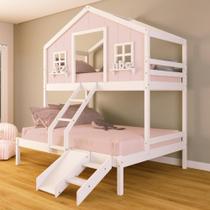 Beliche Casal/ Solteiro Casinha dos Sonhos com Escada/ Escorregador Madeira Maciça Rosa/ Branco Housin Beliche Casal/ Solteiro Casinha dos Sonhos com Escada/ Escorregador Madeira Maciça Rosa/ Branco Housin