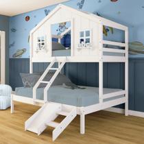 Beliche Casal/ Solteiro Casinha dos Sonhos com Kit Escada/ Escorregador Madeira Maciça Branco Megamobilia