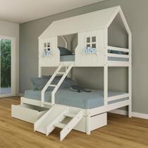 Beliche Casal/ Solteiro Casinha Encantada com 02 Gavetas Kit Escada/ Escorregador Madeira Maciça Branco Housin Beliche Casal/ Solteiro Casinha Encantada com 02 Gavetas Kit Escada/ Escorregador Madeira Maciça Branco Housin