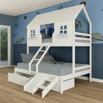 Beliche Casal/ Solteiro Casinha Encantada com 02 Gavetas Kit Escada/ Escorregador Madeira Maciça Branco Megamobilia