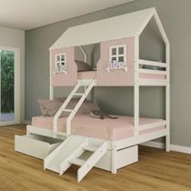 Beliche Casal/ Solteiro Casinha Encantada com 02 Gavetas Kit Escada/ Escorregador Madeira Maciça Rosa/ Branco Housin Beliche Casal/ Solteiro Casinha Encantada com 02 Gavetas Kit Escada/ Escorregador Madeira Maciça Rosa/ Branco Housin