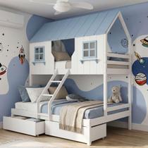 Beliche Casal/ Solteiro Casinha Encantada com 02 Gavetas Madeira Maciça Branco/ Azul Housin