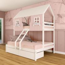 Beliche Casal/ Solteiro Casinha Encantada com 02 Gavetas Madeira Maciça Rosa/ Branco Megamobilia Beliche Casal/ Solteiro Casinha Encantada com 02 Gavetas Madeira Maciça Rosa/ Branco Megamobilia