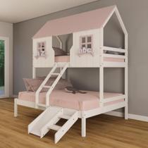 Beliche Casal/ Solteiro Casinha Encantada com Kit Escada/ Escorregador Madeira Maciça Branco/ Rosa Housin Beliche Casal/ Solteiro Casinha Encantada com Kit Escada/ Escorregador Madeira Maciça Branco/ Rosa Housin