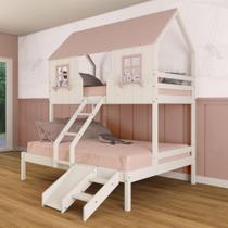 Beliche Casal/ Solteiro Casinha Encantada com Kit Escada/ Escorregador Madeira Maciça Branco/ Rosa Megamobilia Beliche Casal/ Solteiro Casinha Encantada com Kit Escada/ Escorregador Madeira Maciça Branco/ Rosa Megamobilia