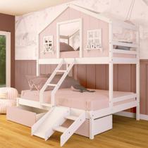Beliche Casal/ Solteiro Casinha Sonhos 02 Gavetas Rosa Kit Escada/ Escorregador Madeira Maciça Rosa/ Branco Megamobilia