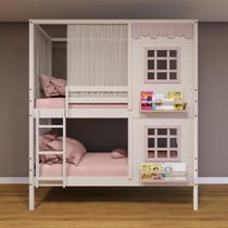 Beliche Casinha 2 Janelas Cortina Madeira Branco-Rosa Beliche Casinha 2 Janelas Cortina Madeira Branco-Rosa