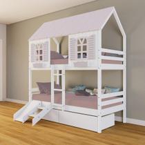 Beliche Casinha Bela com 2 Gavetas Kit Escada/Escorregador - Madeira Maciça Branco/Rosa Housin