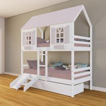 Beliche Casinha Bela Com 2 Gavetas Kit Escada/escorregador - Madeira Maciça Branco/rosa Housin Beliche Casinha Bela Com 2 Gavetas Kit Escada/escorregador - Madeira Maciça Branco/rosa Housin