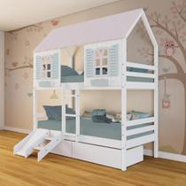 Beliche Casinha Bela com 2 Gavetas Kit Escada/Escorregador - Madeira Maciça Branco/Rosa/Verde Megamobilia Beliche Casinha Bela com 2 Gavetas Kit Escada/Escorregador - Madeira Maciça Branco/Rosa/Verde Megamobilia