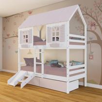 Beliche Casinha Bela com 2 Gavetas Rosa Kit Escada/Escorregador - Madeira Maciça Branco/Rosa Housin Beliche Casinha Bela com 2 Gavetas Rosa Kit Escada/Escorregador - Madeira Maciça Branco/Rosa Housin