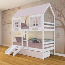 Beliche Casinha Bela Com 2 Gavetas Rosa Kit Escada/escorregador - Madeira Maciça Branco/rosa Housin Beliche Casinha Bela Com 2 Gavetas Rosa Kit Escada/escorregador - Madeira Maciça Branco/rosa Housin