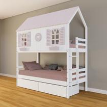 Beliche Casinha Bela com Coração 2 Gavetas - Madeira Maciça Branco/Rosa Housin