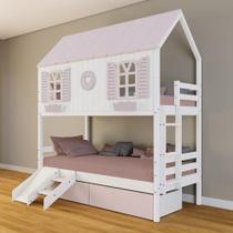 Beliche Casinha Bela com Coração 2 Gavetas Rosa Kit Escada/Escorregador - Madeira Maciça Branco/Rosa Housin Beliche Casinha Bela com Coração 2 Gavetas Rosa Kit Escada/Escorregador - Madeira Maciça Branco/Rosa Housin