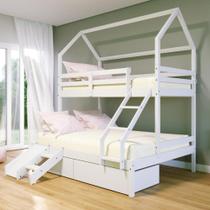 Beliche Casinha Casal/Solteiro Slim RB com 02 Gavetas e Mini Escada/Escorregador Madeira Maciça Branco Housin