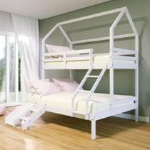 Beliche Casinha Casal/Solteiro Slim RB com Mini Escada/Escorregador Madeira Maciça Branco Housin