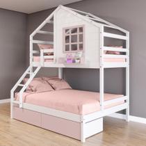 Beliche Casinha Com Janela Casal/solteiro 02 Gavetas Rosa Madeira Maciça Branco/ Rosa Housin Beliche Casinha Com Janela Casal/solteiro 02 Gavetas Rosa Madeira Maciça Branco/ Rosa Housin