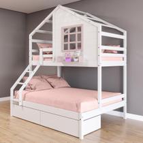 Beliche Casinha com Janela Casal/Solteiro com 02 Gavetas Madeira Maciça Branco/ Rosa Housin