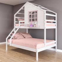 Beliche Casinha com Janela Casal/Solteiro Madeira Maciça Branco/ Rosa Housin Beliche Casinha com Janela Casal/Solteiro Madeira Maciça Branco/ Rosa Housin