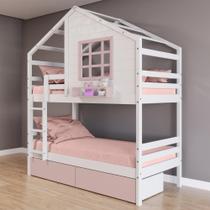 Beliche Casinha Com Janela E Gavetas Rosa Madeira Maciça Branco/ Rosa Housin Beliche Casinha Com Janela E Gavetas Rosa Madeira Maciça Branco/ Rosa Housin