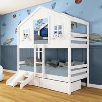 Beliche Casinha dos Sonhos com 02 Gavetas Kit Escada/ Escorregador Madeira Maciça Branco Megamobilia