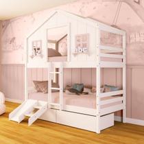 Beliche Casinha dos Sonhos com 02 Gavetas Kit Escada/ Escorregador Madeira Maciça Branco/ Rosa Megamobilia