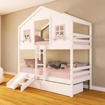 Beliche Casinha dos Sonhos com Escada/ Escorregador e 02 Gavetas Madeira Maciça Branco/ Rosa Housin