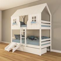 Beliche Casinha Encantada com 02 Gavetas Kit Escada/ Escorregador Madeira Maciça Branco Housin Beliche Casinha Encantada com 02 Gavetas Kit Escada/ Escorregador Madeira Maciça Branco Housin