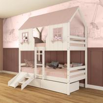 Beliche Casinha Encantada com 02 Gavetas Kit Escada/ Escorregador Madeira Maciça Branco/ Rosa Megamobilia Beliche Casinha Encantada com 02 Gavetas Kit Escada/ Escorregador Madeira Maciça Branco/ Rosa Megamobilia