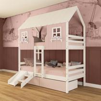 Beliche Casinha Encantada com 02 Gavetas Kit Escada/ Escorregador Madeira Maciça Rosa/ Branco Megamobilia Beliche Casinha Encantada com 02 Gavetas Kit Escada/ Escorregador Madeira Maciça Rosa/ Branco Megamobilia