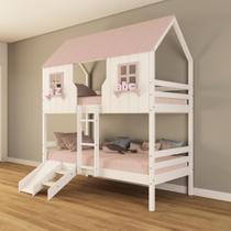 Beliche Casinha Encantada com Kit Escada/ Escorregador Madeira Maciça Branco/ Rosa Housin