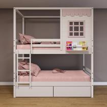 Beliche Casinha Reta 02 Gavetas Rosa Madeira Maciça Branco/ Rosa Housin Beliche Casinha Reta 02 Gavetas Rosa Madeira Maciça Branco/ Rosa Housin