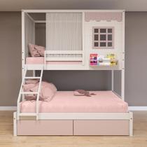 Beliche Casinha Reta Casal/ Solteiro 02 Gavetas Rosa Cortina Madeira Maciça Branco/ Rosa Housin Beliche Casinha Reta Casal/ Solteiro 02 Gavetas Rosa Cortina Madeira Maciça Branco/ Rosa Housin