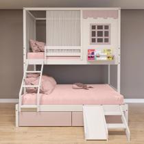 Beliche Casinha Reta Casal/ Solteiro 02 Gavetas Rosa Escorregador E Cortina Madeira Maciça Branco/ Rosa Housin Beliche Casinha Reta Casal/ Solteiro 02 Gavetas Rosa Escorregador E Cortina Madeira Maciça Branco/ Rosa Housin