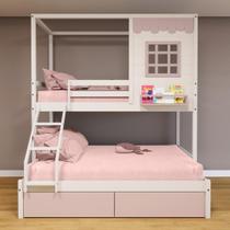 Beliche Casinha Reta Casal/ Solteiro 02 Gavetas Rosa Madeira Maciça Branco/ Rosa Housin Beliche Casinha Reta Casal/ Solteiro 02 Gavetas Rosa Madeira Maciça Branco/ Rosa Housin