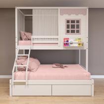 Beliche Casinha Reta Casal/ Solteiro com 02 Gavetas e Cortina Madeira Maciça Branco/ Rosa Housin Beliche Casinha Reta Casal/ Solteiro com 02 Gavetas e Cortina Madeira Maciça Branco/ Rosa Housin