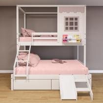 Beliche Casinha Reta Casal/ Solteiro Com 02 Gavetas E Escorregador Madeira Maciça Branco/ Rosa Housin Beliche Casinha Reta Casal/ Solteiro Com 02 Gavetas E Escorregador Madeira Maciça Branco/ Rosa Housin