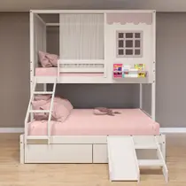 Beliche Casinha Reta Casal/ Solteiro com 02 Gavetas Escorregador e Cortina Madeira Maciça Branco/ Rosa Housin Beliche Casinha Reta Casal/ Solteiro com 02 Gavetas Escorregador e Cortina Madeira Maciça Branco/ Rosa Housin