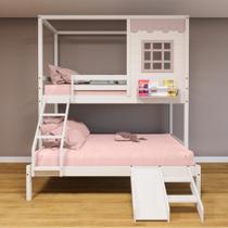 Beliche Casinha Reta Casal/ Solteiro com Escorregador Madeira Maciça Branco/ Rosa Housin Beliche Casinha Reta Casal/ Solteiro com Escorregador Madeira Maciça Branco/ Rosa Housin