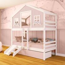 Beliche Casinha Sonhos com 02 Gavetas Rosa Kit Escada/ Escorregador Madeira Maciça Rosa/ Branco Megamobilia Beliche Casinha Sonhos com 02 Gavetas Rosa Kit Escada/ Escorregador Madeira Maciça Rosa/ Branco Megamobilia