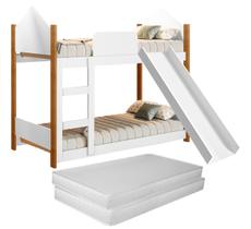 Beliche Infantil Casinha em Madeira e Branco Design Montessoriano, Com Escorregador Seguro e Divertido para o Quarto das Crianças Com 2 Colchões Beliche Infantil Casinha em Madeira e Branco Design Montessoriano, Com Escorregador Seguro e Divertido para o Quarto das Crianças Com 2 Colchões