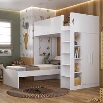 Beliche Infantil/Juvenil com Armário, Nichos e Mesa de Apoio Branco Beliche Infantil/Juvenil com Armário, Nichos e Mesa de Apoio Branco