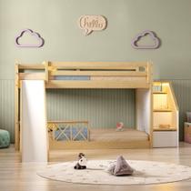 Beliche Infantil Montessoriana Garden com Escada Lateral,grade Proteção I e Escorregadore Grade X Du Branco/Natural