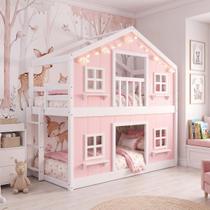 Beliche Infantil Montessoriano Casinha dos Sonhos com Fechamento Inferior em Madeira Maciça Rosa/Branco Housin Beliche Infantil Montessoriano Casinha dos Sonhos com Fechamento Inferior em Madeira Maciça Rosa/Branco Housin