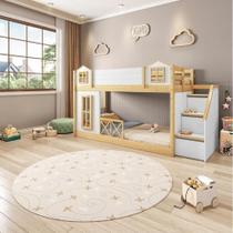 Beliche Infantil Montessoriano Garden com Escada Lateral e Proteção Casinha Janela, Grade X Casatema Branco/Natural