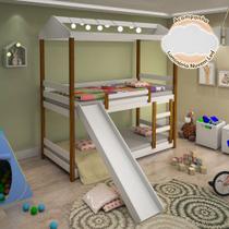 Beliche Infantil Solteiro Manuela com Escorregador e Led Branco e Mel - Acompanha Luminária Nuvem