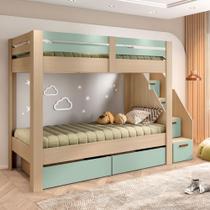 Beliche Infanto Juvenil 2 Gavetões Escada com 4 Gavetas Star Plus Casa Tema Natural/Menta Beliche Infanto Juvenil 2 Gavetões Escada com 4 Gavetas Star Plus Casa Tema Natural/Menta