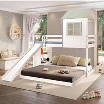 Beliche Queen Montessoriano Cabana Family com Escorregador e Estante Branco/Verde - Casatema