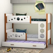 Beliche Solteiro Star com Cama Auxiliar e Lousa Mágica para Quarto Infantil Seguro - Branco/nature
